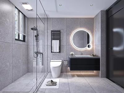 Modern Bathroom With Gray Tiles Glass Shower Round Backlit Mirror Black Vanity And Smart Toilet 3d model