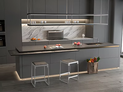 Modern Kitchen Interior With Gray Cabinets Marble Backsplash Island And Stools 3d model