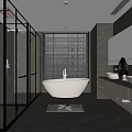 Modern Bathroom Interior With White Bathtub Double Vanity Glass Shower Enclosure And Window Blinds