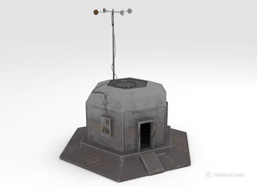 Small Gray Octagonal Structure With Antenna On Top And Steps At Base 3d model 