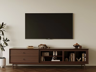 Modern Wooden TV Stand with TV Above Drawers And Shelves Storing Books Decorations Beside Plant 3d model