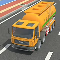 Yellow Concrete Transport Truck Driving On Road With Trees And Guardrails