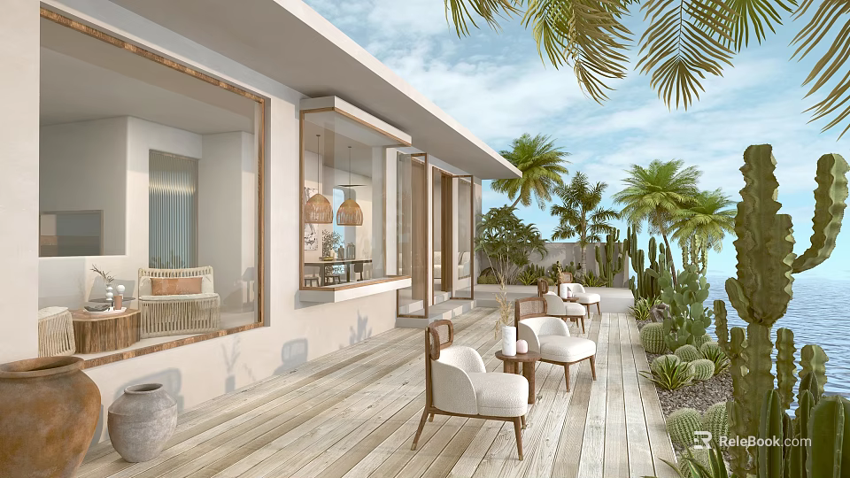 Contemporary Outdoor Patio With Wooden Deck White Chairs Palm Trees Cacti And Glass Doors 3d model 