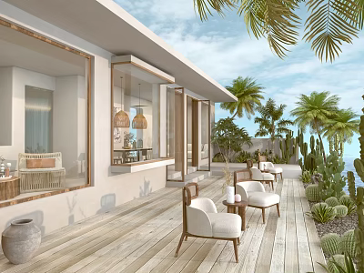 Contemporary Outdoor Patio With Wooden Deck White Chairs Palm Trees Cacti And Glass Doors 3d model