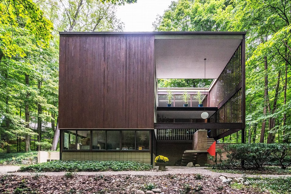 Dark Brown Wooden Detached House Surrounded by Lush Green Trees and Open Design 3d model 