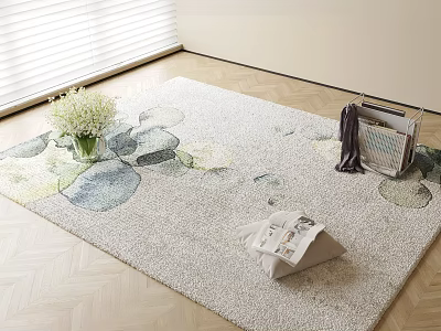 Colorful Square Area Rug With Watercolor Patterns Vase And Books On Wooden Floor 3d model