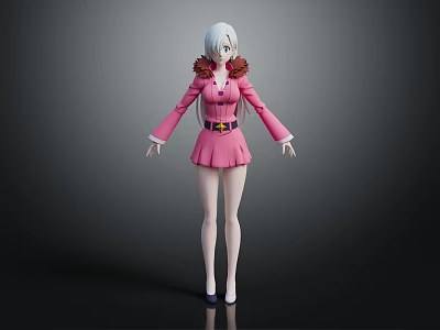 White Haired Female Character 3D Model With Pink Coat Short Skirt Fur Collar And Belt 3d model