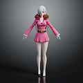White Haired Female Character 3D Model With Pink Coat Short Skirt Fur Collar And Belt