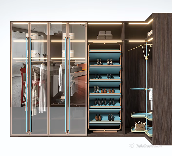 Modern Wardrobe With Glass Doors Hanging Rods Blue Shoe Racks And Interior Lighting 3d model 