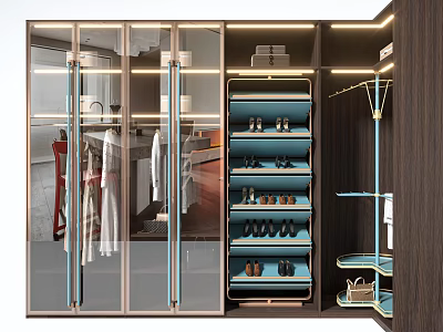 Modern Wardrobe With Glass Doors Hanging Rods Blue Shoe Racks And Interior Lighting 3d model