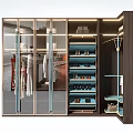 Modern Wardrobe With Glass Doors Hanging Rods Blue Shoe Racks And Interior Lighting