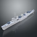 White Military Warship With Long Hull Design And Blue Deck Equipment