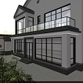 Two Story White Detached Villa Exterior With Round Tower Balcony Arched Door And Trees