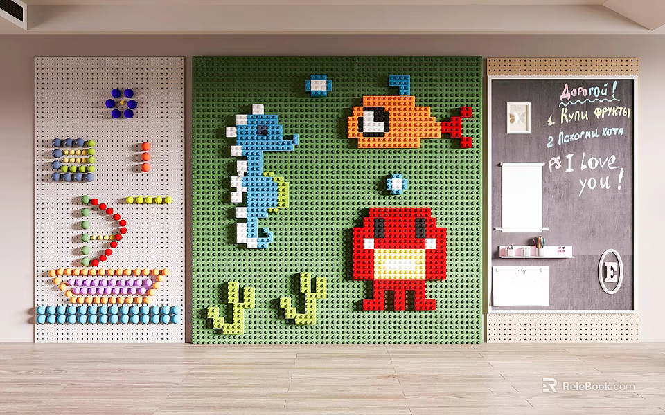 Green Background Wall With Lego Sea Creatures Seahorse Fish Crab And Nearby Pegboard Chalkboard 3d model 