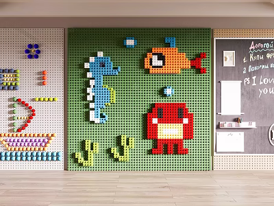 Green Background Wall With Lego Sea Creatures Seahorse Fish Crab And Nearby Pegboard Chalkboard 3d model