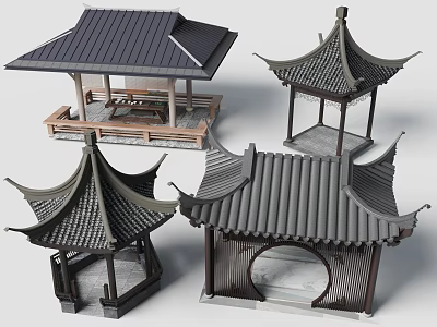 Traditional Chinese Pavilions With Various Roof Designs And Wooden Structures 3d model