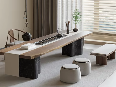Elegant Tea Table Set With Wooden Top Black Legs Cushioned Stools And Tea Set 3d model