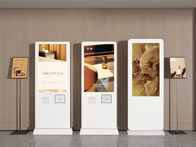 Multiple White Vertical Digital Signage Kiosks With Display Stands Showing Images In Commercial Space 3d model