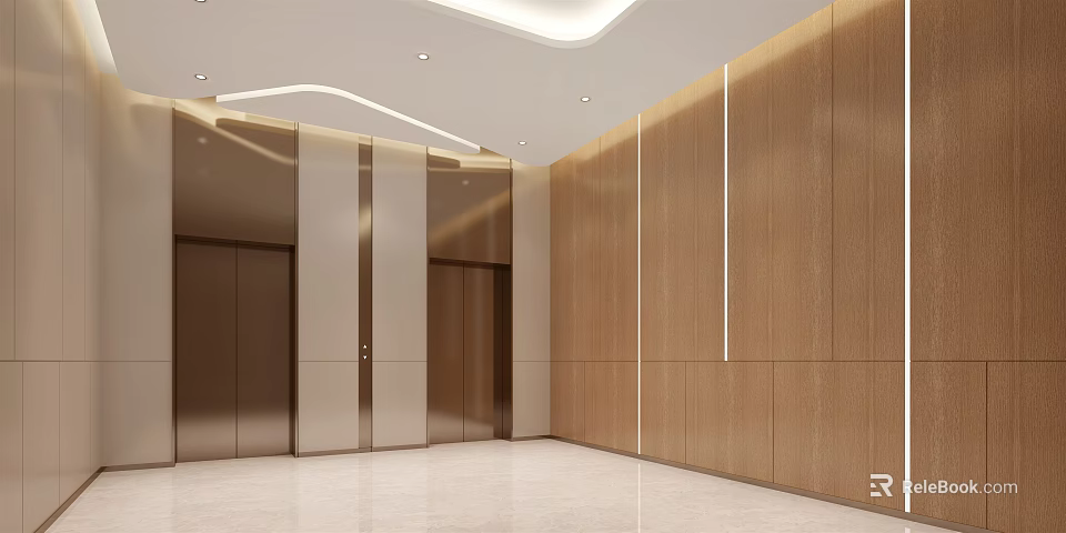 Modern Elevator Lobby With Wooden Panel Walls Metal Doors And Recessed Lighting 3d model 