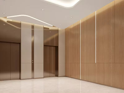Modern Elevator Lobby With Wooden Panel Walls Metal Doors And Recessed Lighting 3d model