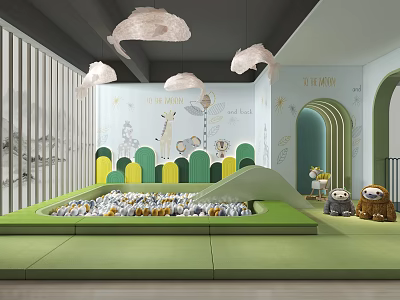 Kids Play Area With Green Padded Floor Slide Cloud Pendant Lights And Animal Decorations 3d model