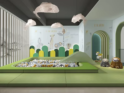 Kids Play Area With Green Padded Floor Slide Cloud Pendant Lights And Animal Decorations 3d model