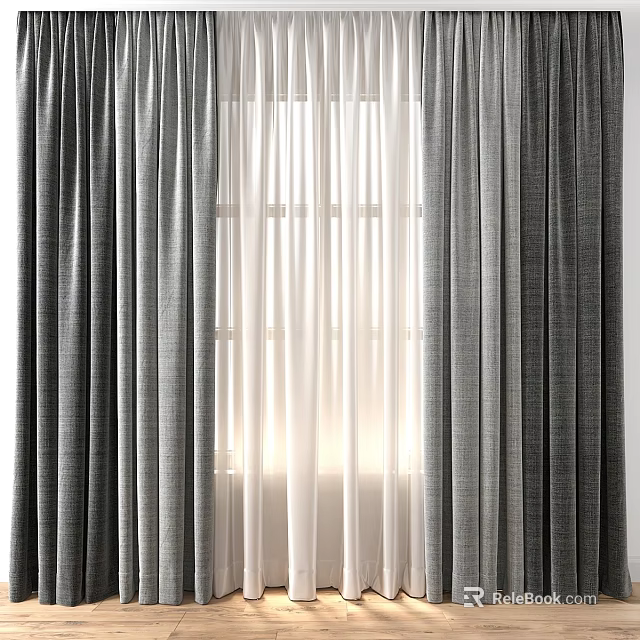 Elegant Gray and White Drapes with Sheer Curtains for Window Sunlight 3d model 