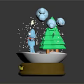 Snow Wonderland Scene With Round Base Cartoon Figure Green Trees Clouds And Snowflakes