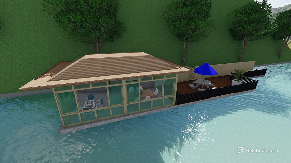 Floating Glass House With Brown Roof Blue Umbrella Trees And Waterfront Deck 3d model 