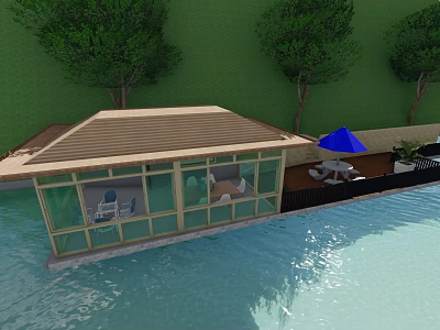Floating Glass House With Brown Roof Blue Umbrella Trees And Waterfront Deck 3d model