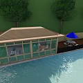 Floating Glass House With Brown Roof Blue Umbrella Trees And Waterfront Deck