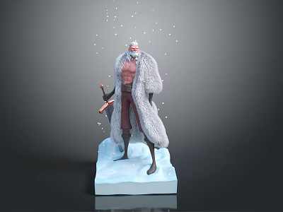 Game And Movie Character With Fur Coat Holding Weapon On Ice Block With Snowflakes 3d model