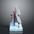 Game And Movie Character With Fur Coat Holding Weapon On Ice Block With Snowflakes