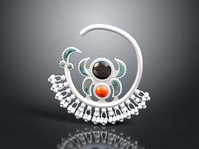 Stylish Decorative Household Accessory With Silver Ring Black Red Gemstones And Pearl Fringe 3d model