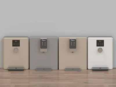 Four Different Color Kitchen Appliances With Control Panels Placed Side By Side Against Wall 3d model