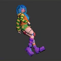 Colorful Anime Character With Blue Hair Green Striped Top Orange Vest And Purple Platform Shoes