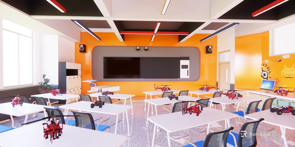 School Technology Classroom With Orange Walls White Desks Red Robots And Blackboard 3d model 