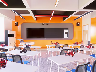 School Technology Classroom With Orange Walls White Desks Red Robots And Blackboard 3d model