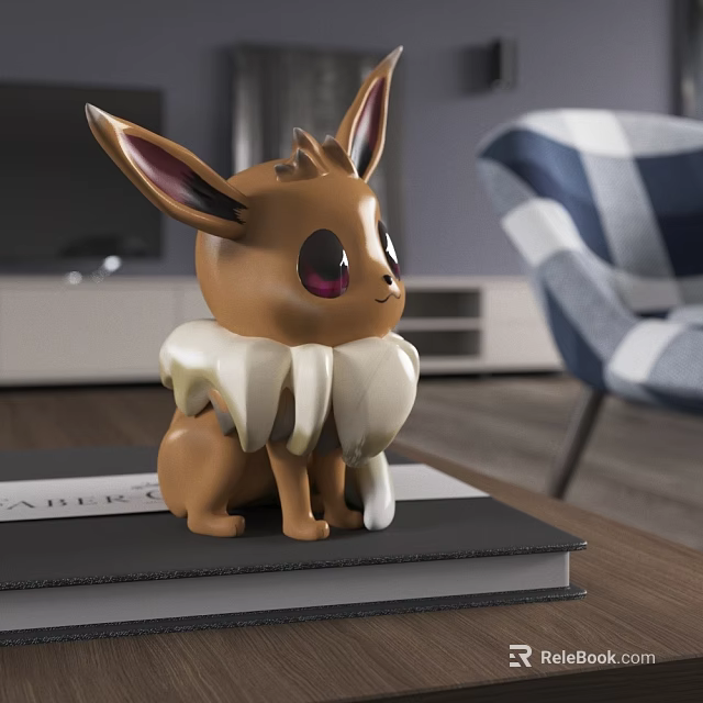 Decorative Ornament Set with Brown Figurine Large Ears Purple Eyes White Collar on Book Home Decor 3d model 