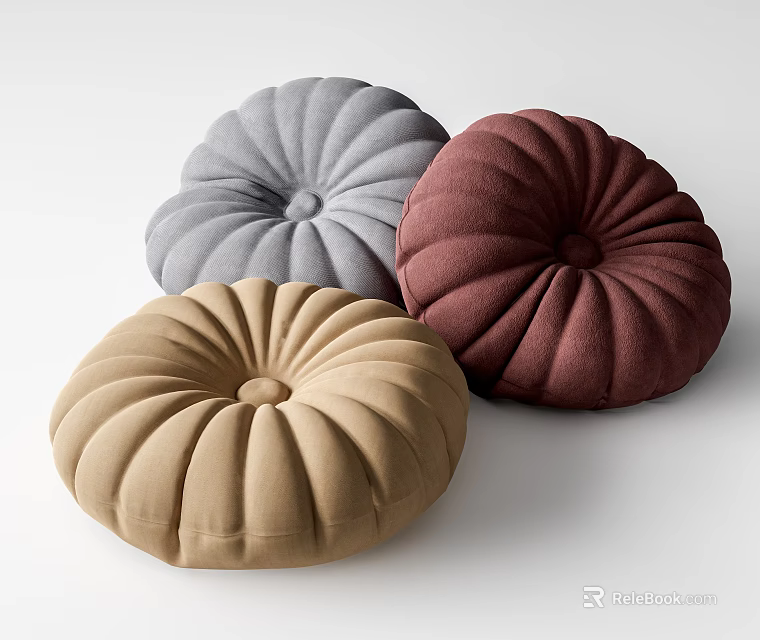 Decorative Round Pleated Pillows in Gray Brown and Burgundy Colors for Home Decor 3d model 