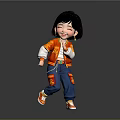 Cheerful Cartoon Girl With Black Short Hair In Red Embroidered Jacket And Blue Pants Dancing