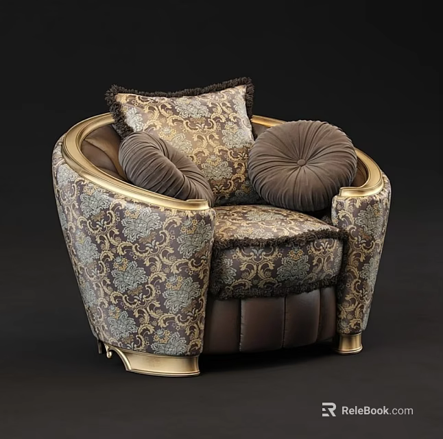 Luxurious Classic Armchair with Floral Patterned Fabric Gold Accents and Decorative Pillows 3d model 