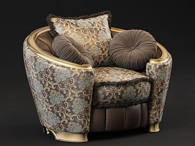 Luxurious Classic Armchair with Floral Patterned Fabric Gold Accents and Decorative Pillows 3d model
