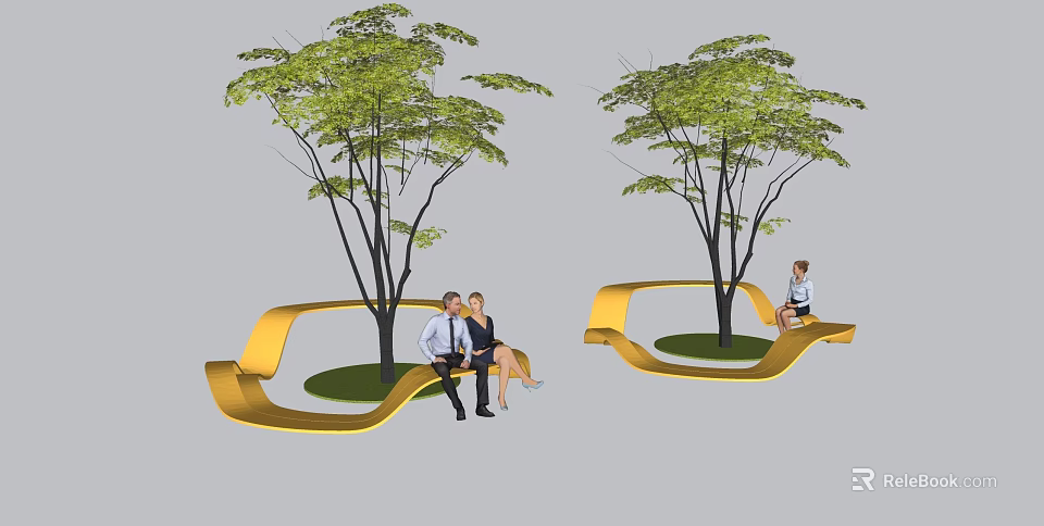 Curved Golden Landscape Seat With Trees And People Sitting In Outdoor Area 3d model 