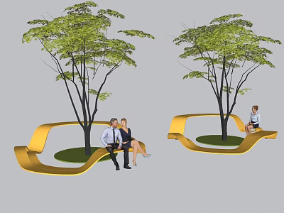 Curved Golden Landscape Seat With Trees And People Sitting In Outdoor Area 3d model