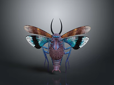 Vibrant Insect with Colorful Shiny Wings Horned Antennae and Net Like Body on Gray Background 3d model