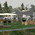 Scenic Camping Site With Tents RVs Outdoor Seating String Lights And Green Grass