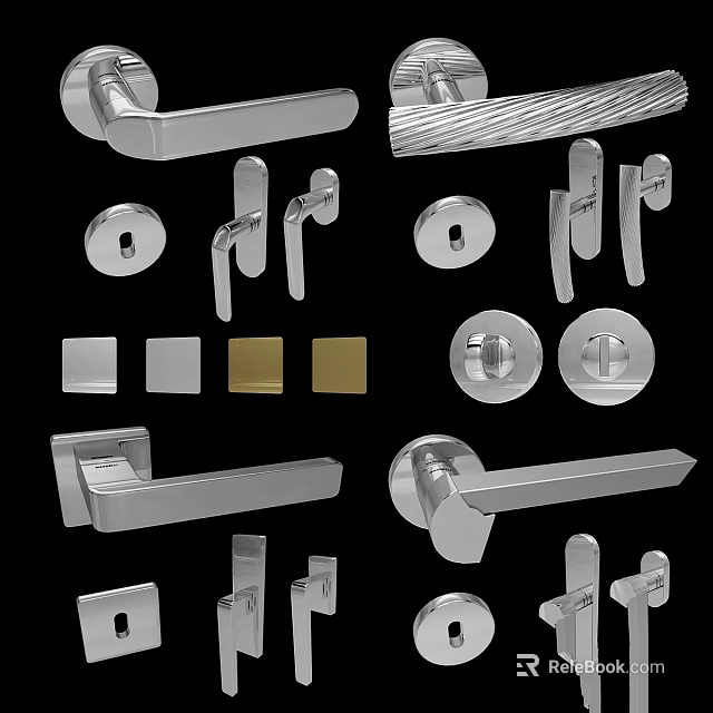 Stainless Steel Door Handles And Lock Hardware With Various Designs And Metallic Finishes 3d model 