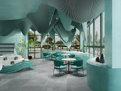 Light Green Lounge Area Interior With Wavy Ceiling Round Tables Green Chairs And Plants 3d model