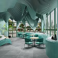 Light Green Lounge Area Interior With Wavy Ceiling Round Tables Green Chairs And Plants